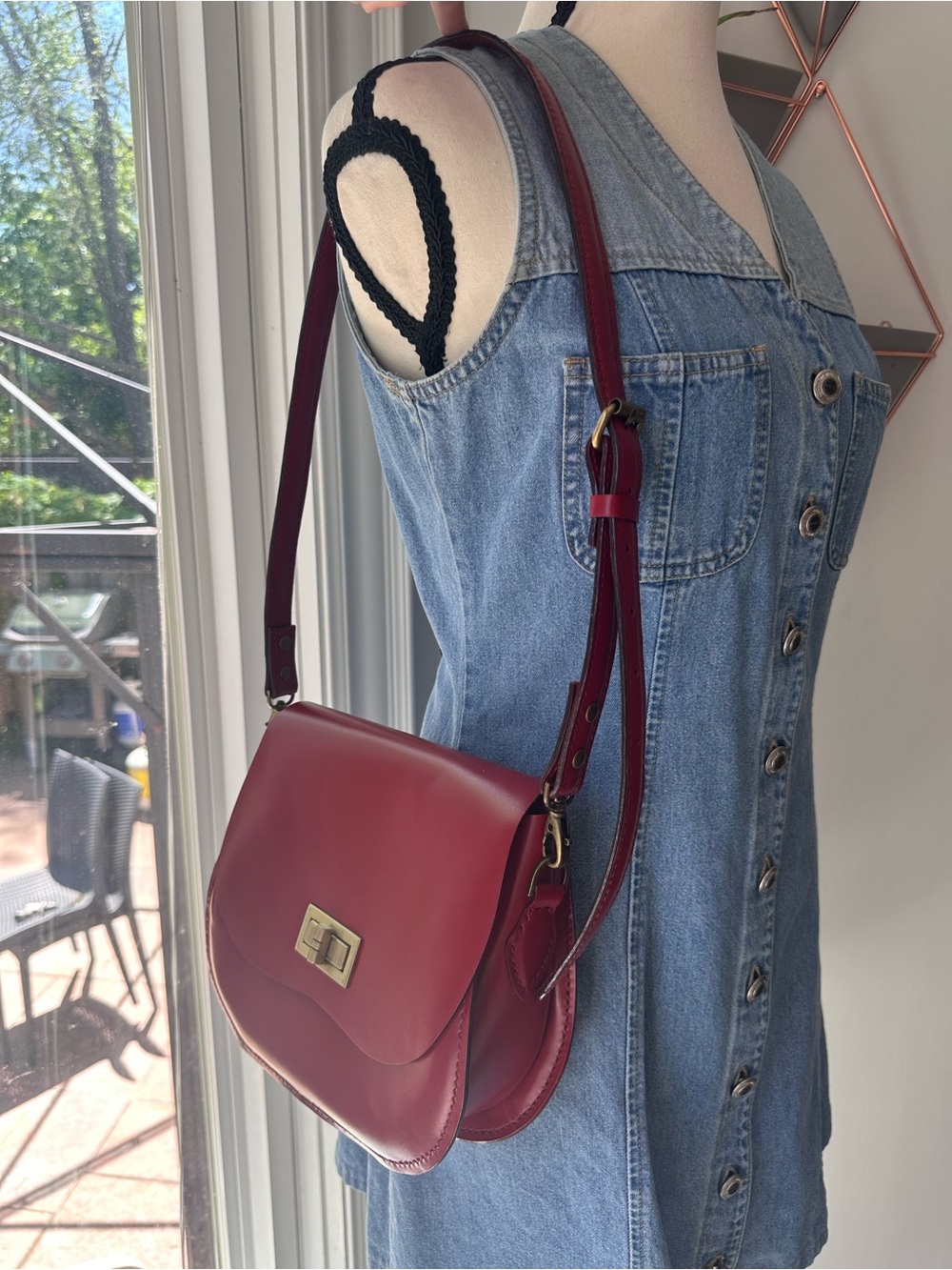 GENUINE LEATHER Red Crossbody Saddle Shoulder Bag Purse Flap Brass Handbag Korea
